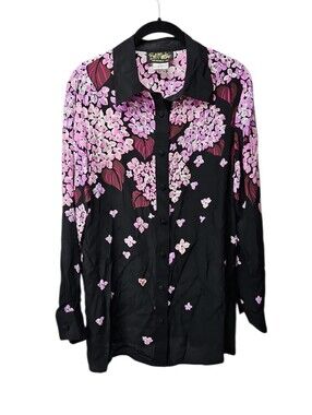 Bob Mackie 100% Silk Shirt Black Purple Floral Button Up Sz Small Womens